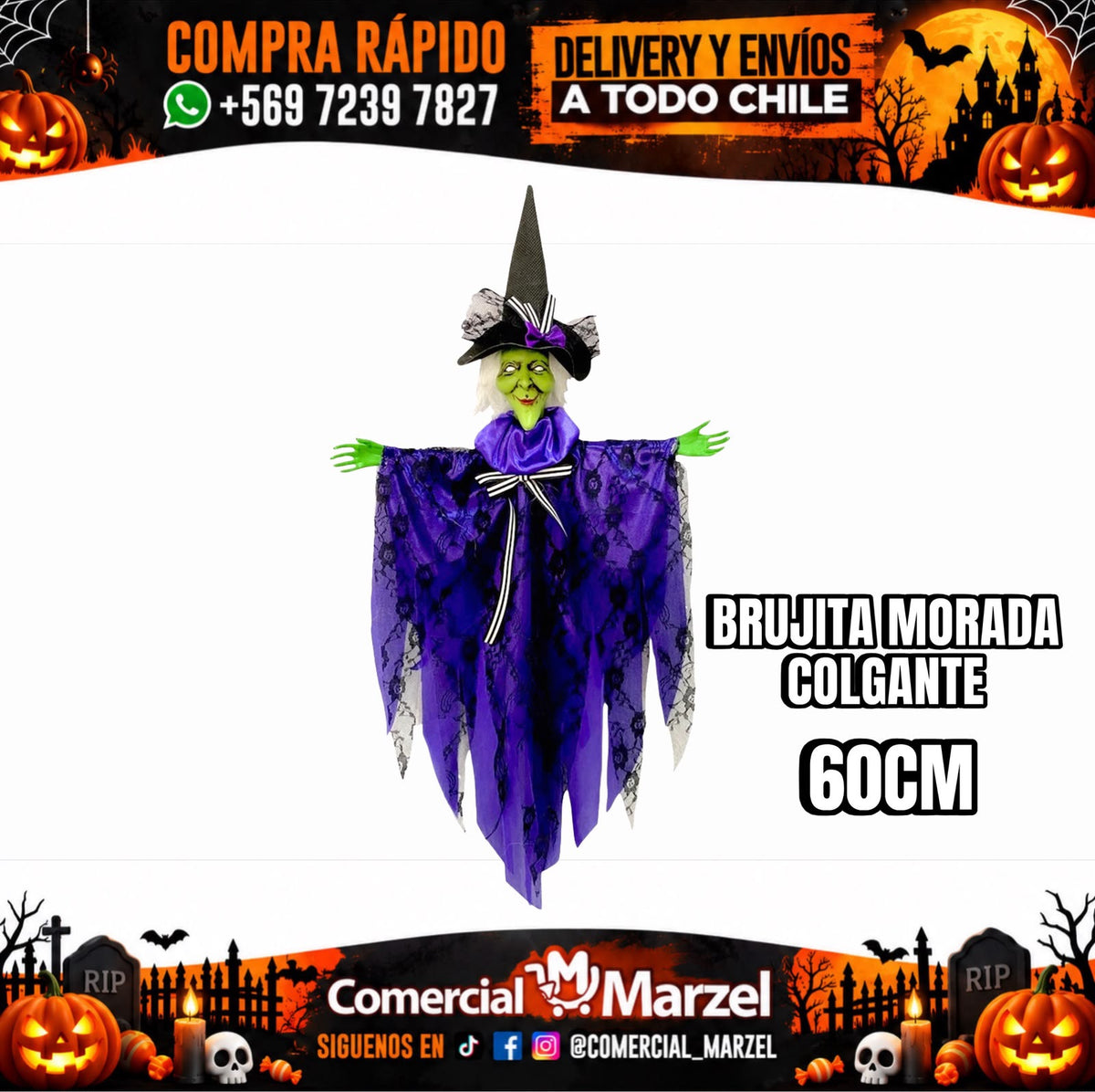 Brujita 60cm Morada Colgante Halloween