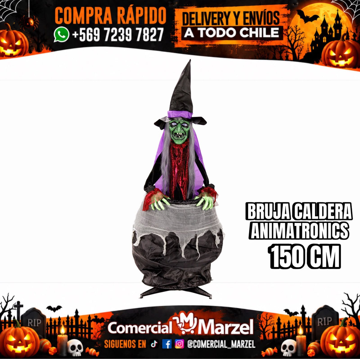 Brujita 150cm Con Caldera Animatronics Halloween