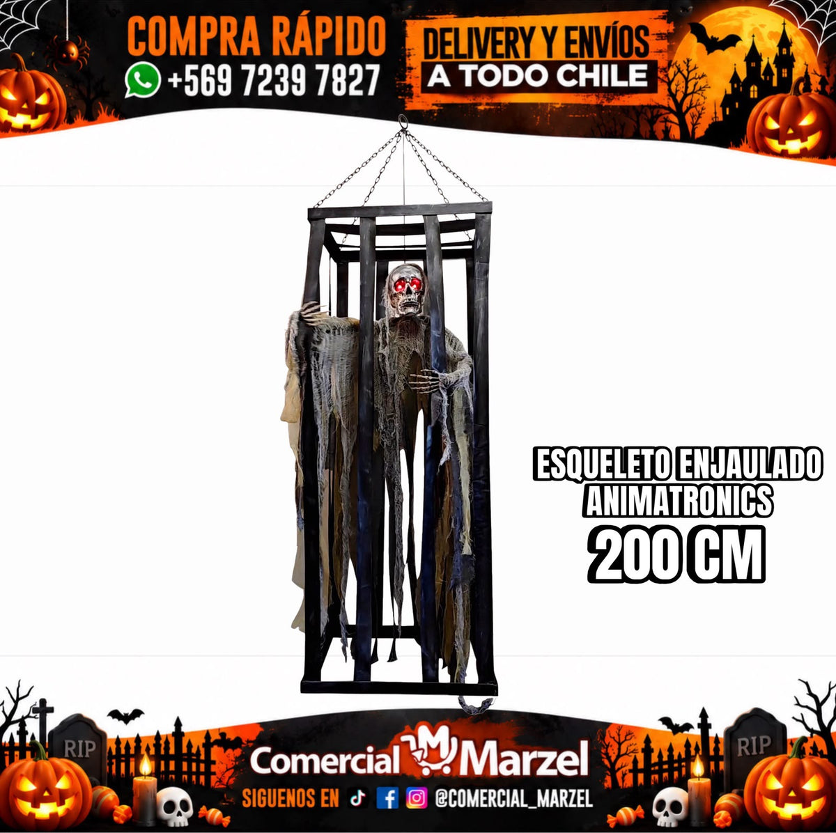 Esqueleto Enjaulado 200cm Animatronics Halloween